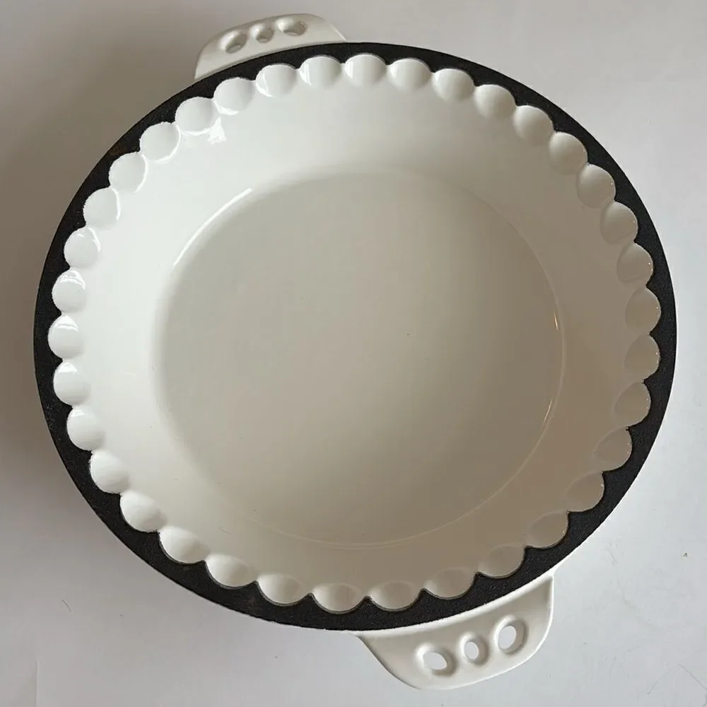ih White Round Enameled Cast Iron Double Handled Pie Pan 10”